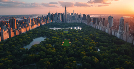 Fototapeta premium Sunset Over Central Park: Aerial View of Lush Greens and Manhattan Skyscrapers