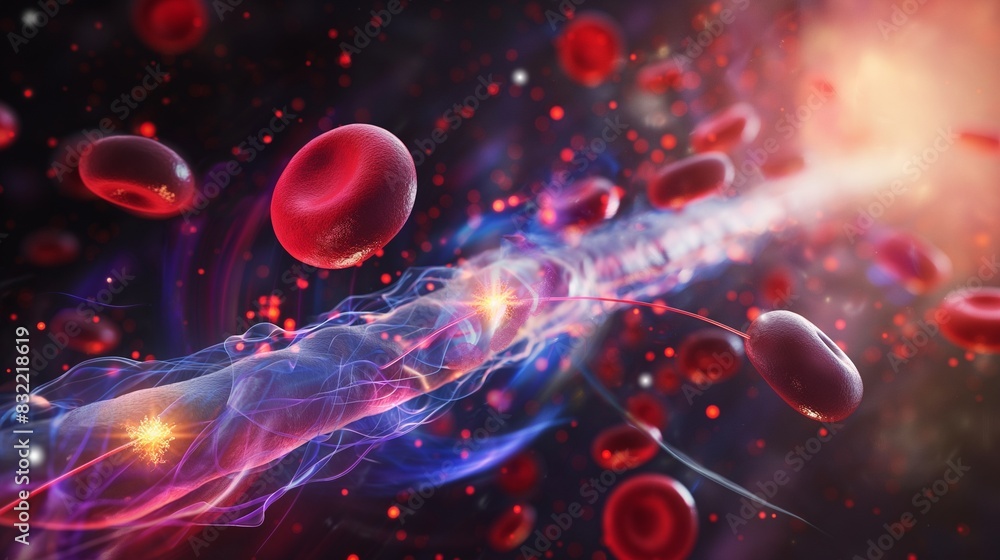 Poster a conceptual image of magnetic nanoparticles being guided through the bloodstream for targeted thera