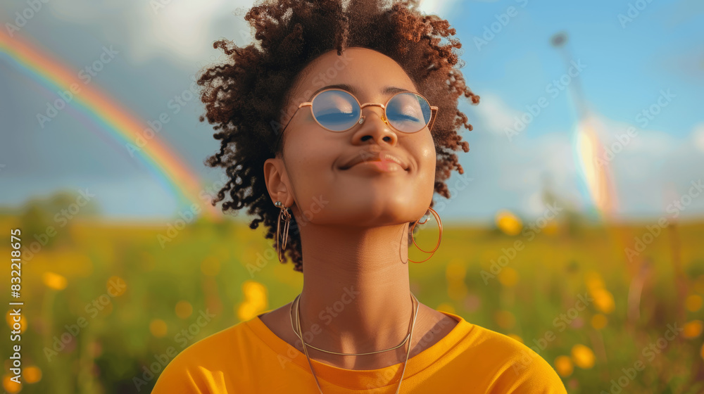 Wall mural joyful african american woman enjoying nature with a rainbow in the sky