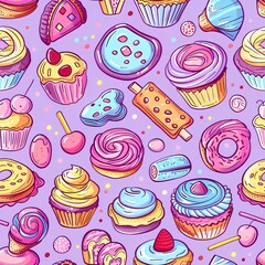 Delicious pastel desserts, cupcakes, and cute candies punctuate each element, seamless pattern