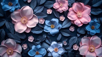 Beautiful 3D floral background with pink and blue paper flowers on dark leaves, perfect for nature-inspired designs and digital wallpapers.