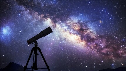 Telescope under the starry night sky capturing the Milky Way galaxy, showcasing the wonders of the universe with vibrant cosmic colors.