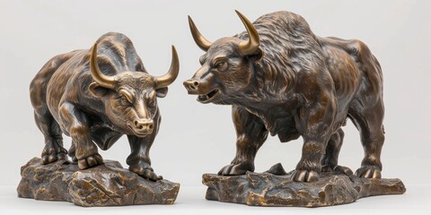 Bull and bear statues representing market trends, isolated white background, high detail, symbolic financial imagery