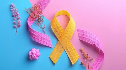 Yellow Awareness Ribbon on Pink and Blue Background with Floral Accents