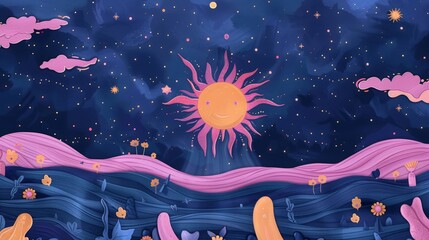 A whimsical and happy sun with a pink smile beams down over a blue and pink landscape dotted with flowers and stars. - Powered by Adobe