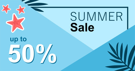 Creative summer sale banner in trendy bright colors with tropical leaves and discount text. Season promotion gradient illustration.