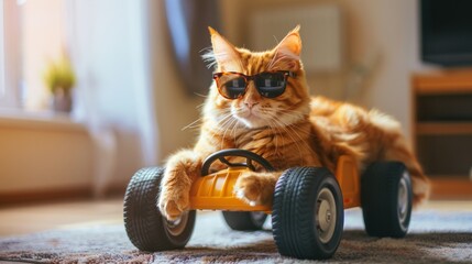 A cat wearing sunglasses is sitting in a toy car. The scene is playful and lighthearted, with the...