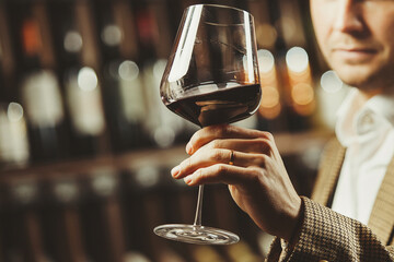 Bokal of red wine on background, male sommelier appreciating drink