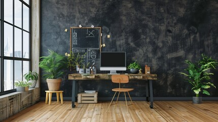 Creative workspace in apartment with blackboard wall, computer desk, and accessories