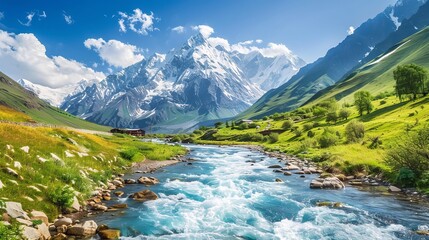 Captivating Summer View: Azure River in Caucasus Mountains, Upper Svaneti, Georgia, Europe - Nature's Splendor in Spectacular Landscape Scene