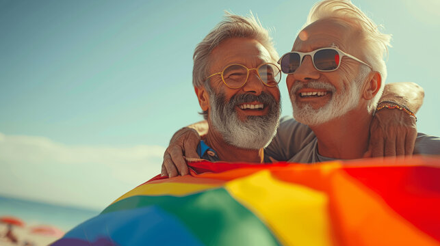 Joyful Elderly Gay Couple Embracing with Rainbow Flag at Beach Celebrating Pride
