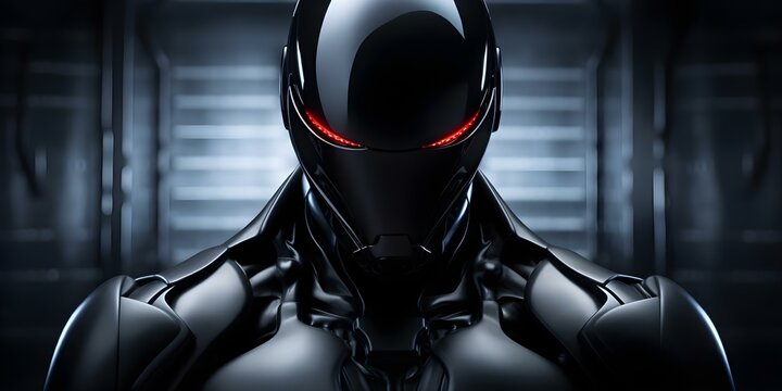 Black humanoid alien robot against dark background: minimalistic extraterrestrial being. Concept Alien Robot, Extraterrestrial Creature, Sci-fi Character, Minimalistic Design, Dark Background