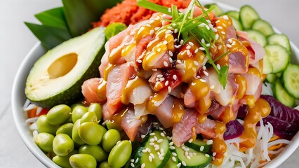 A vibrant, mouth-watering food photo featuring a variety of traditional Hawaiian poke dishes
