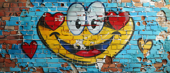 A vibrant urban graffiti art depicting a cartoon-like smiling face on a weathered brick wall
