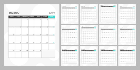 Monthly calendar turquoise square planner template schedule for 2025 year. Week Starts on Monday