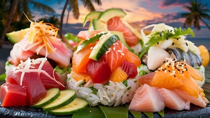 A vibrant, mouth-watering food photo featuring a variety of traditional Hawaiian poke dishes