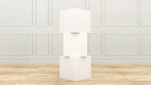 Blank plane cube stack in hotel lobby or pre-function area for event branding. 3D rendering of cube stack mockup for branding indoor or outdoor. For Exhibition and promotional activities.