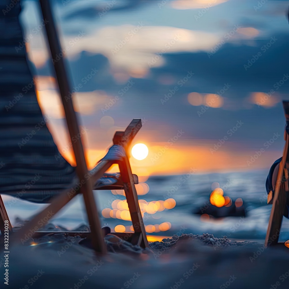 Poster serene beach scene at sunset with two empty beach chairs facing the ocean, capturing the tranquility