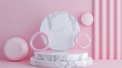 Sophisticated marble podium, percentage sign and pink and white rings.