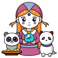 Mystical Oracle Girl A mystical oracle girl with a crystal ball, holding a mystical drink, with a fortune-telling cat and an oracle panda
