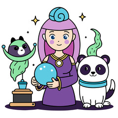 Mystical Oracle Girl A mystical oracle girl with a crystal ball, holding a mystical drink, with a fortune-telling cat and an oracle panda