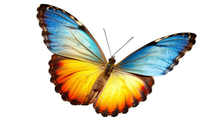 Fototapeta premium Butterfly in blue yellow orange color , in flight