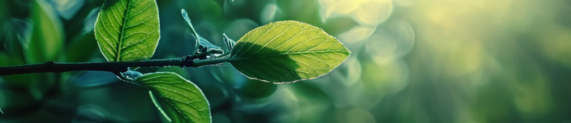 Green leaf with blurred nature background banner, copy space for text and natural landscape...