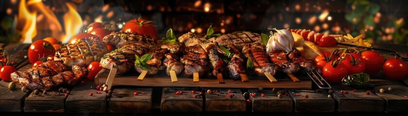 A delectable assortment of grilled meats and vegetables on skewers, beautifully arranged over a rustic wooden board in an outdoor setting.
