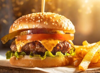 Burger with onion and tomato. With salty fried french fries.