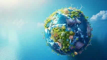 Fototapeta premium A conceptual Earth globe where the continents are composed of various renewable energy symbols, such as solar cells, windmills, and hydroelectric dams, floating in a clean, blue ocean.