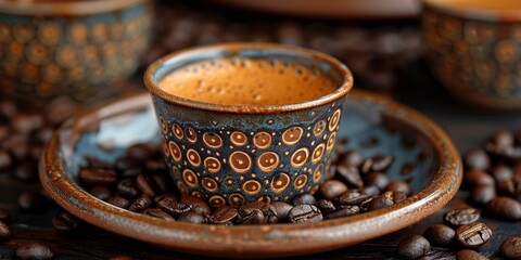A rustic Turkish coffee cup holds hot espresso, adorned with ornamental patterns. - Powered by Adobe