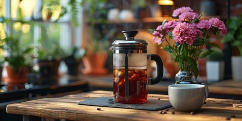 A fresh herbal tea in a glass mug with a French press on a vintage table.