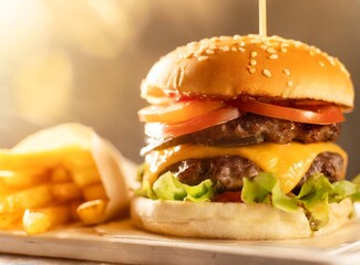 Double burger/hamburger/cheeseburger closeup isolated at fast food restaurant