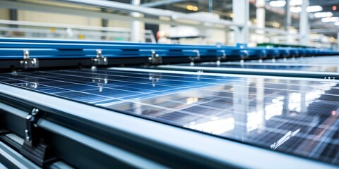 Automated manufacturing process uses smart conveyor system to assemble solar panels. Concept Automated Manufacturing, Smart Conveyor System, Solar Panels Assembly, Technology Innovation