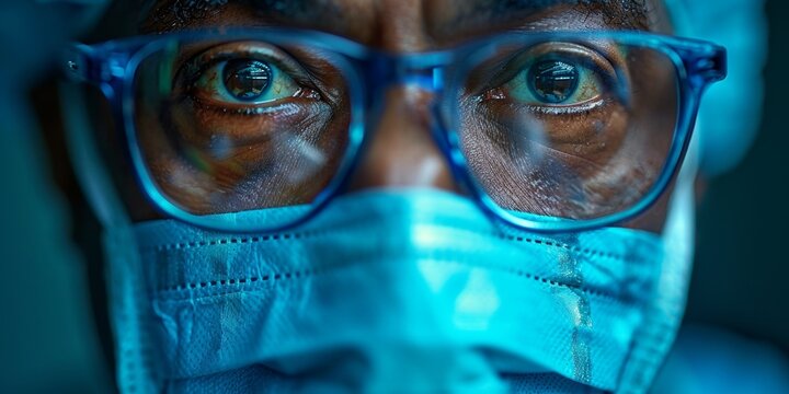 A professional African doctor wearing a surgical mask, cap, and gloves in a hospital, ready for surgery. - Powered by Adobe