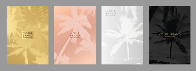 Luxury cover design set. Tropical background with pastel palm leaves pattern. Elegant vector template for wedding invite, gift card, makeup catalog, eco brochure, lux menu,