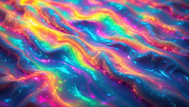 Vibrant, wavy surface with a rainbow of neon colors creating a dynamic, fluid effect. The glossy texture and vivid colors blend seamlessly, creating a visually stunning, multicolored display