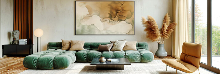 Green tufted sofa and terra cotta chair near window against stucco wall with art frame. Minimalist interior design of modern living room, panorama.