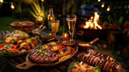 Outdoor barbecue feast with grilled meats and vegetables, lit by warm string lights with a fire pit in the background creating ambiance.