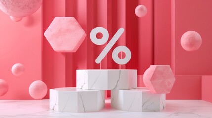 Stylish marble podium, percentage sign with pink and white heptagons.