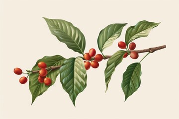 Coffee tree branch with lush leaves and ripe coffee cherries. Ideal for use in branding and marketing materials.