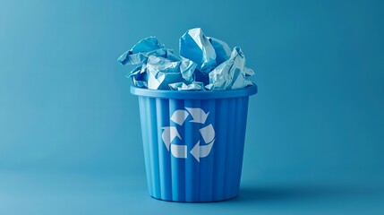 Icon for recycling. Bin container for environmental preservation and waste disposal. Blue recycle bin with paper waste, isolated on a blue background