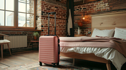 Relaxing Lifestyle: Elegant Hotel Room, Pink suitcase  and Leisurely Journey