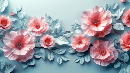 Elegant pastel pink and blue paper flowers with leaves on a light blue background, perfect for decorative and artistic projects.