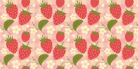 Cute seamless pattern with strawberries, flowers, green leaves and checkered tablecloth. Hand drawn summer background with berries