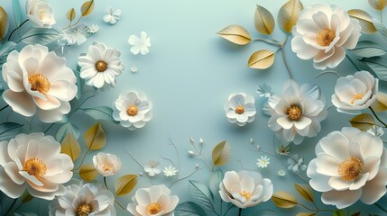 Elegant floral background with white and golden flowers on a light blue background. Perfect for greeting cards, invitations, and decorative designs.