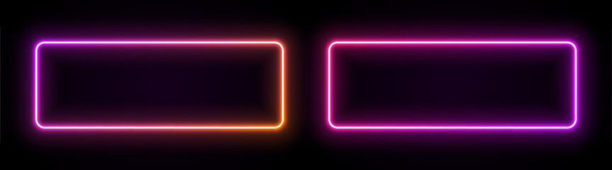 Neon rectangle frame with light. Border with led glow. Geometric shape laser sign for text. Fluorescent design elements for club, buttons or advertising.