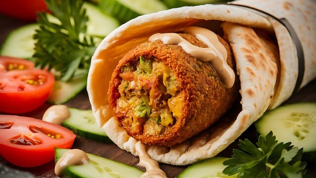 A mouth-watering food photograph featuring a perfectly golden falafel wrapped in a soft pita bread