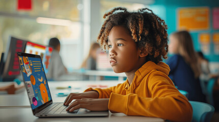 Young Student Using Laptop for Math Lesson in Diverse Elementary Classroom