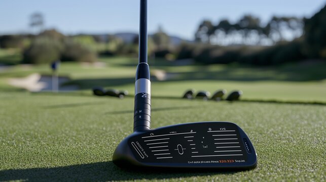 A digital golf club that records swing speed and angle, showcased on a golf course with a virtual coach interface on a nearby tablet.
